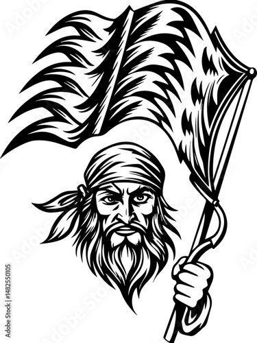 SVG vector of a skull and skeleton pirate aboard a ghost ship. Fierce Pirate with Flag in Hand Riding the Ghost Ship of Legends