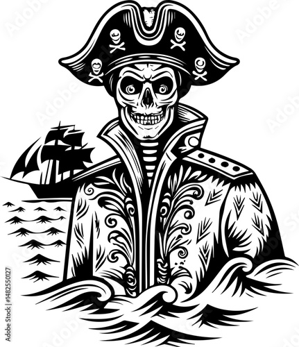 SVG vector of a skull and skeleton pirate aboard a ghost ship. Ghostly Pirate Captain Riding the Waves on a Mysterious Ship