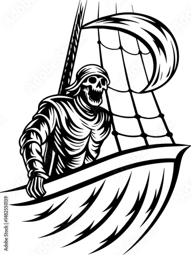 SVG vector of a skull and skeleton pirate aboard a ghost ship. Ghostly Pirate Sailing on a Mysterious Ship Illustration
