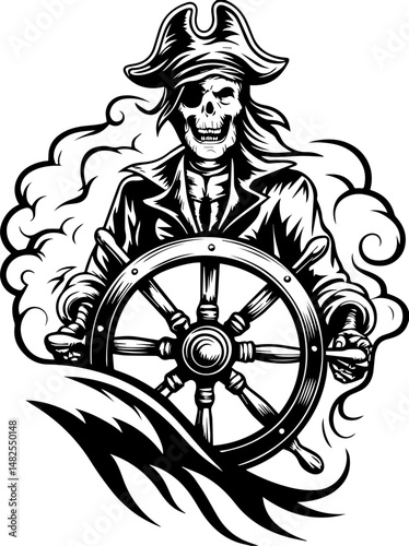 SVG vector of a skull and skeleton pirate aboard a ghost ship. Sinister Ghost Pirate Steers Ship Through Foggy Waters