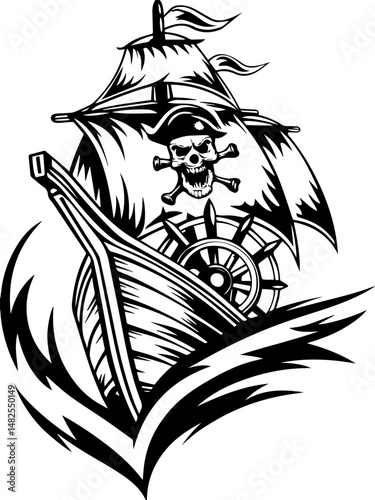SVG vector of a skull and skeleton pirate aboard a ghost ship. Dramatic Pirate Ship with Skull and Crossbones Design