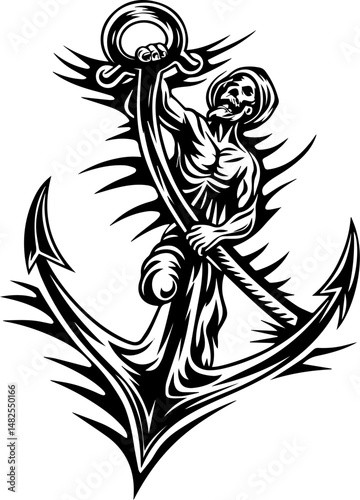 SVG vector of a skull and skeleton pirate aboard a ghost ship. Ghostly Pirate Riding an Anchor in a Dark Ocean Design