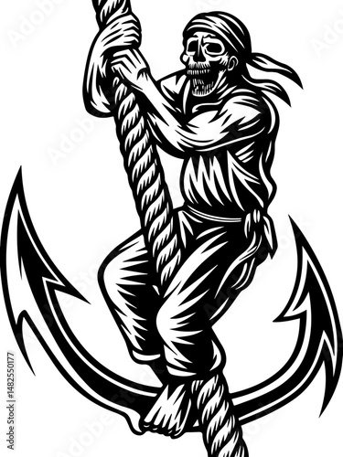 SVG vector of a skull and skeleton pirate aboard a ghost ship. Ghostly Pirate Climbing Rope on an Anchor Illustration
