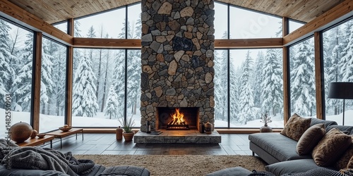 Winter Cabin Living Room with Fireplace and Snowy Landscape