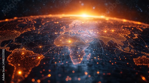 Glowing global network with sunrise over africa and europe