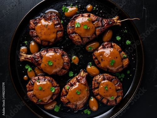 Black Background Steak and Eggplant Dish - Delicious Grill Top View