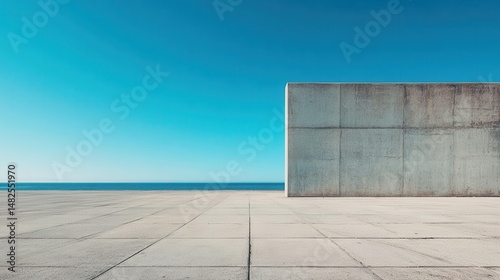 Minimalist concrete wall by the ocean under clear blue sky