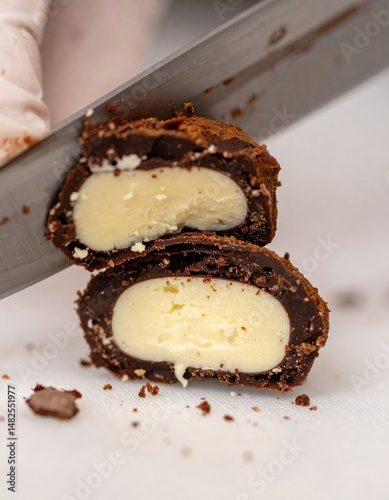 Silky chocolate surrounds a white creamy center, showcasing delectable artistry for Chocolate Day.