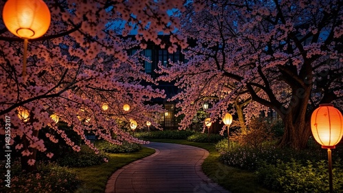 Serene Lantern-Lit Pathway Through Cherry Blossoms at Dusk