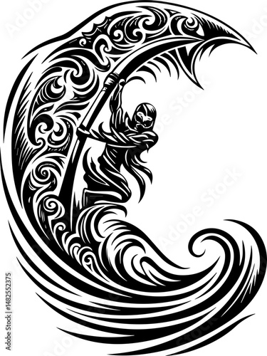 SVG vector of a Skull Captain holding a treasure map and saber. Adventurous Captain Riding a Massive Wave with Cultural Patterns