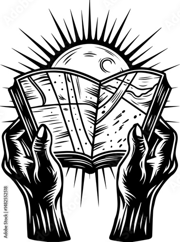SVG vector of a Skull Captain holding a treasure map and saber. Hands Holding an Open Treasure Map with Radiant Sun Background