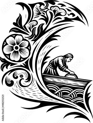 SVG vector of a Skull Captain holding a treasure map and saber. Artisan Woman Rowing on Decorative Water with Floral Patterns