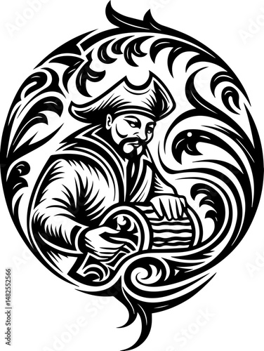 SVG vector of a Skull Captain holding a treasure map and saber. Captain Holding Treasure Map with Sabers in Artistic Black Design