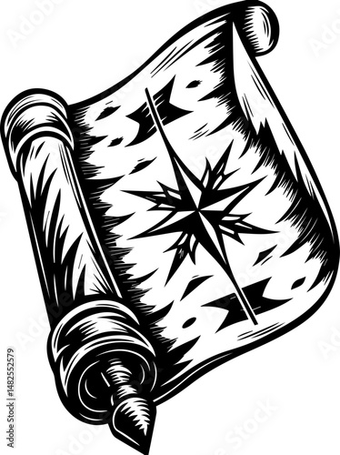 SVG vector of a Skull Captain holding a treasure map and saber. Vintage Treasure Map with Compass Rose Illustration on Scroll