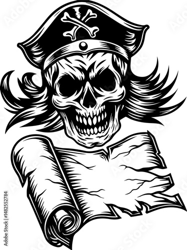 SVG vector of a Skull Captain holding a treasure map and saber. Pirate Skull with Tattered Map and Captain's Hat Illustration