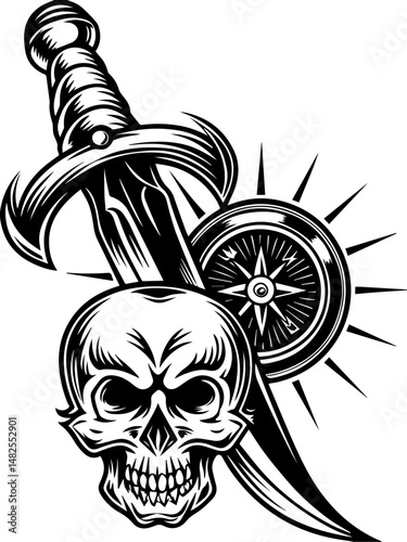 SVG vector of a Skull Captain holding a treasure map and saber. Skull and Saber with Compass - Adventure and Treasure Symbolism