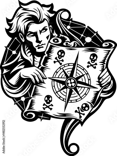 SVG vector of a Skull Captain holding a treasure map and saber. Mysterious Captain Holding Old Treasure Map in Spooky Design