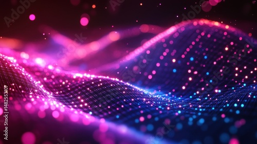 Vibrant neon wave: abstract 3d digital art with glowing pink and blue light effects
