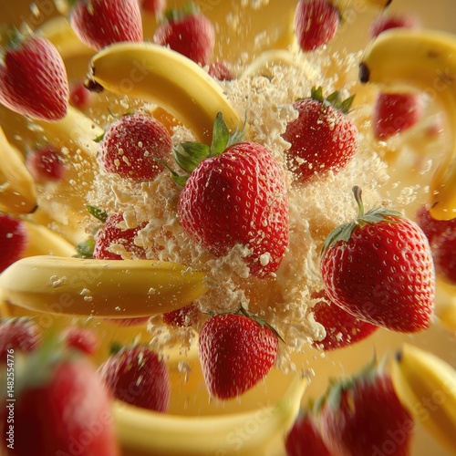 Fresh fruit explosion.  A vibrant display of strawberries and bananas, suspended mid-air in a burst of juice