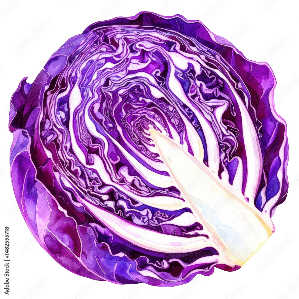 Obraz premium Purple cabbage watercolor painting shows fresh vegetable with detailed leaves and vibrant colors in natural style that captures beauty of food in realistic way