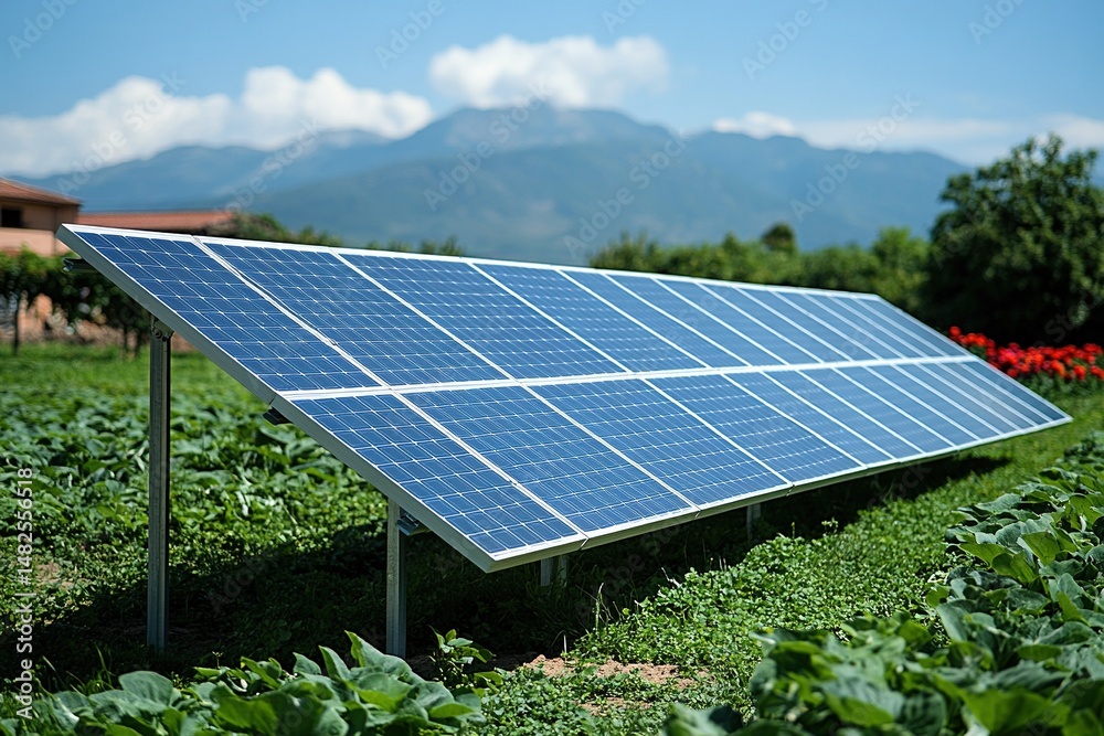 Solar panel array in a green field with mountains in the background. Solar panel array in a green field with mountains in the background.
