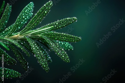 Dew-kissed rosemary sprig against dark background