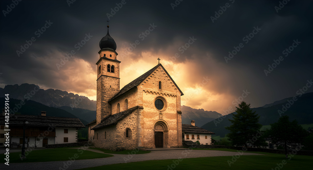 Naklejka premium Dramatic Sunset Church: Stunning Landscape Photo