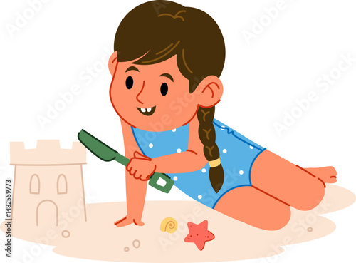 Child Building Sandcastle on Beach
