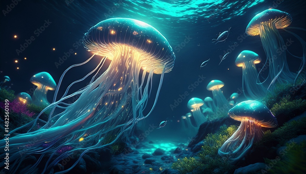 Naklejka premium Bioluminescent Jellyfish Garden: Underwater Fantasy