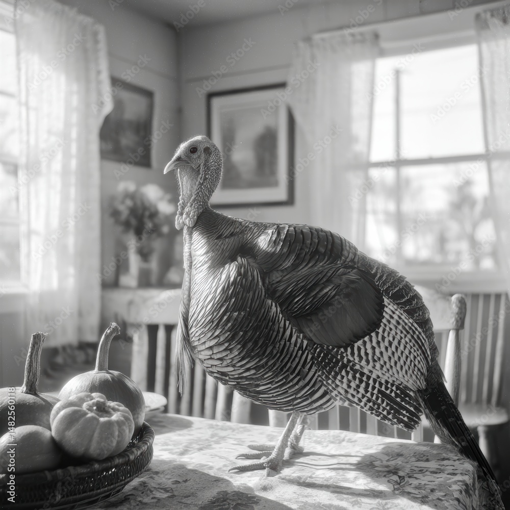 Turkey on table with pumpkins in kitchen.