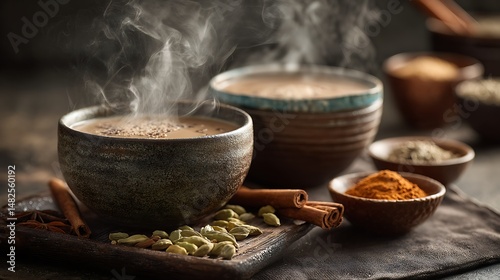 Steaming tea in rustic ceramic bowls