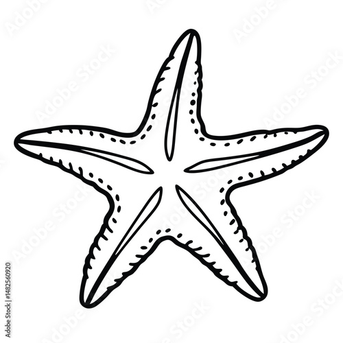 A simple black outline illustration of a starfish, featuring five elongated arms with textured surfaces and distinct lines running along each arm. The overall shape is symmetrical and stylized