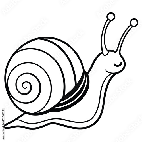 Cartoon snail line art with spiral shell, smiling face, and bold outlines. Features raised antennae and a flowing body, perfect for clipart, coloring pages, educational graphics, kid-friendly designs.