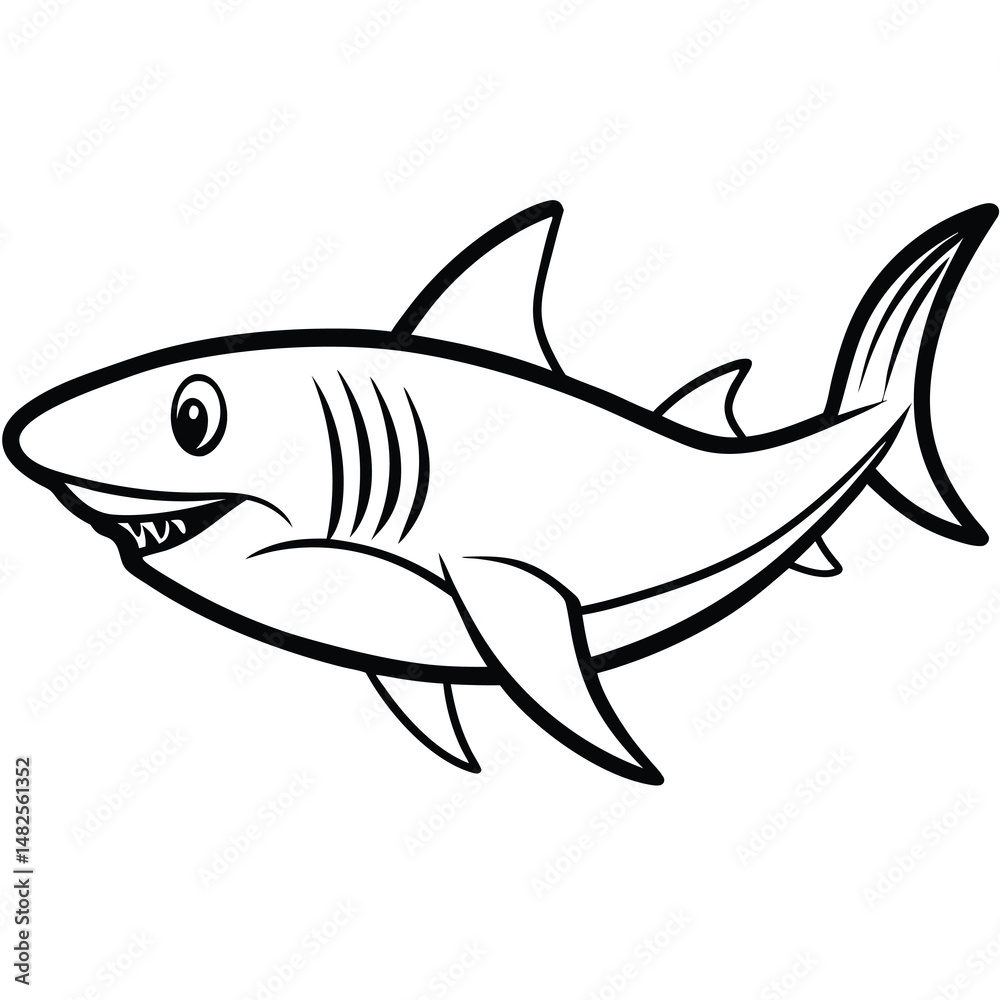 Cartoon shark with sharp teeth, dorsal fin, and stripes. Black and white line art with a playful expression, ideal for kids' clipart, ocean graphics, educational graphics, and marine-themed designs. Cartoon shark with sharp teeth, dorsal fin, and stripes. Black and white line art with a playful expression, ideal for kids' clipart, ocean graphics, educational graphics, and marine-themed designs.