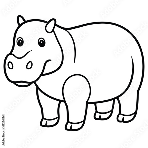 Cartoon hippo line art with a round body, big mouth, and wide eyes. Bold black outline, perfect for kids’ clipart, coloring pages, educational material, fun vector art, and animal-themed designs.