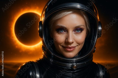 Mysterious astronaut with icy eyes and dark makeup in black suit, glowing eclipse in soft-focus space