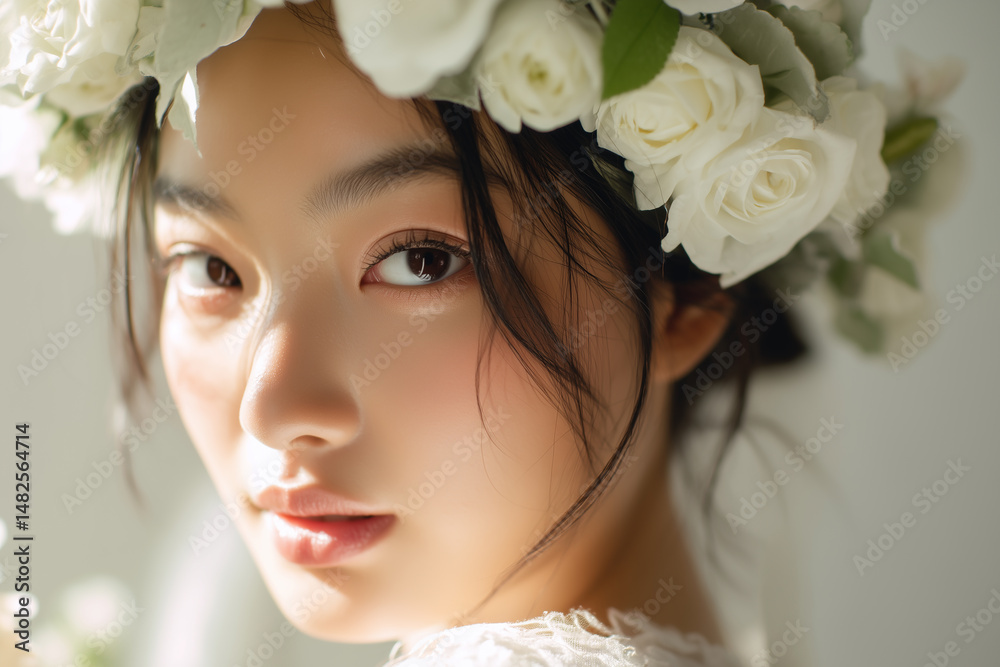 Naklejka premium Portrait of a beautiful asian woman wearing a delicate flower crown and elegant white dress