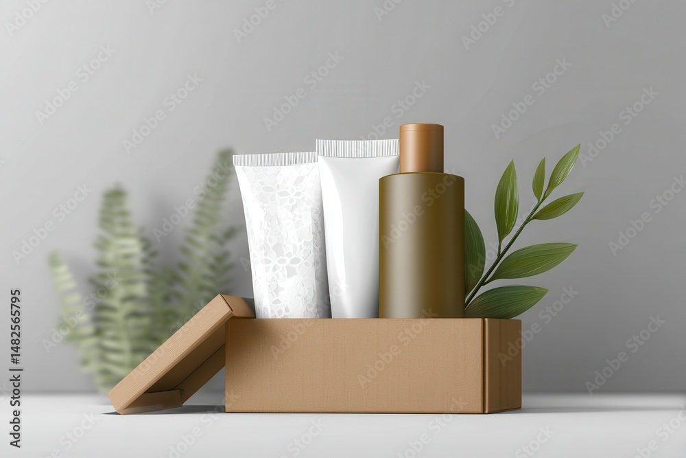 Eco box mockup with containers for cosmetics, white tube and bottle for cosmetic