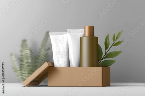 Obraz na płótnie Eco box mockup with containers for cosmetics, white tube and bottle for cosmetic w salonie