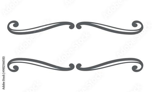 Symmetrical swirl dividers with elegant curved lines and mirrored ends. Black outline design on white. Vector illustration for invitations, cards, logos, or vintage frames.