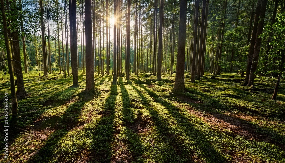 Obraz premium Sunlit Forest Glade: Long Shadows and Green Moss