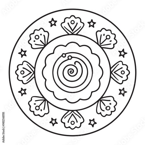 anti stress mandala coloring page, bold and easy mandala coloring page, mandala coloring page, line art, black and white illustration