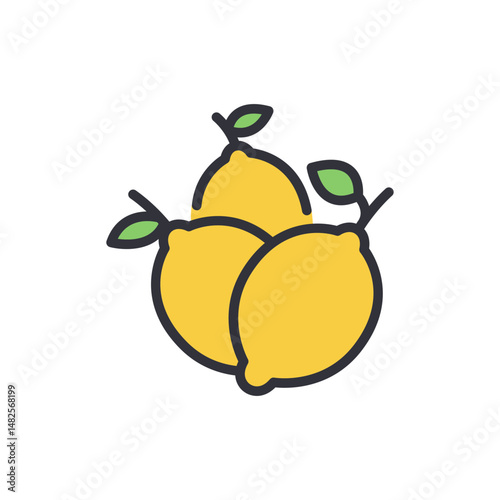 Stylized Lemon Still Life With Fresh Green Leaves Icon Design