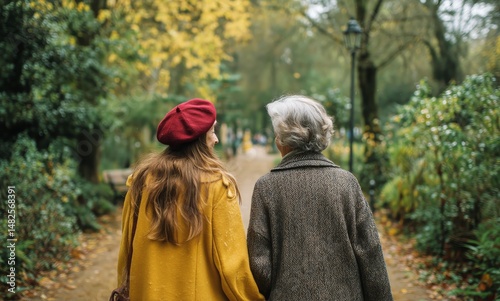 Two Women Walking Hand in Hand Through a Peaceful Park Filled With Autumn Leaves
