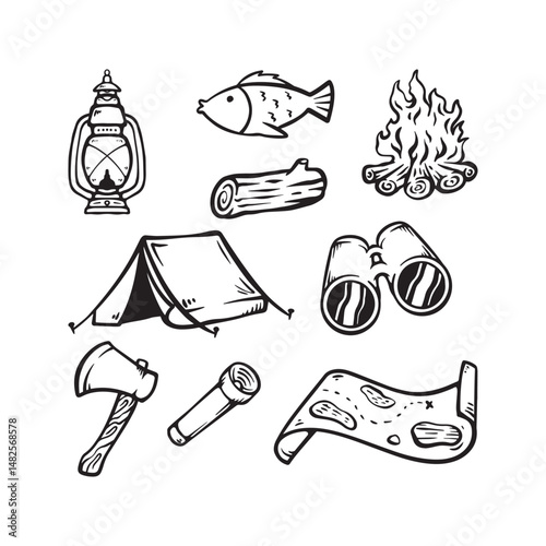 Outdoor Camping Doodle Icon Set – Hand-Drawn Camp Equipment for Travel & Hiking