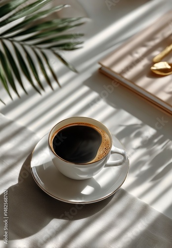 Morning Coffee Served in a White Cup With Shadows and Greenery in a Cozy Setting