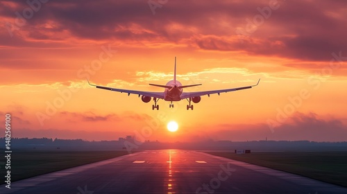 A plane taking off at sunrise, symbolizing global travel and business expansion. 