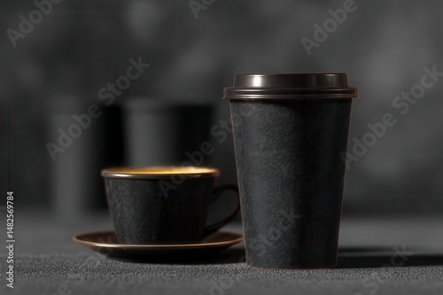 Black paper cups lying in the background. Mockups of disposable coffee and tea glasses