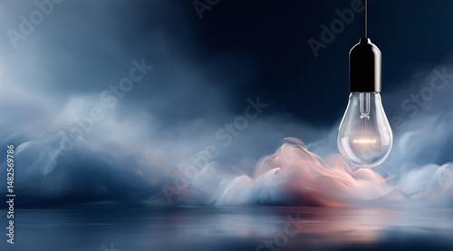 Captivating Light Bulb Illuminated Amid Swirling Fog in a Dark Environment