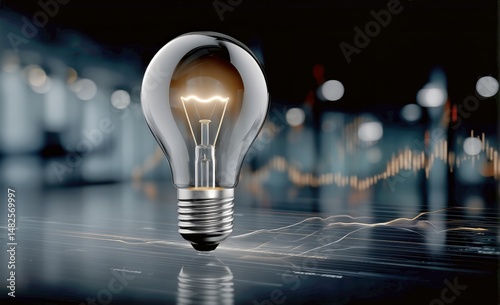 Light Bulb With Glowing Filament on Reflective Surface in Modern Setting Duri...